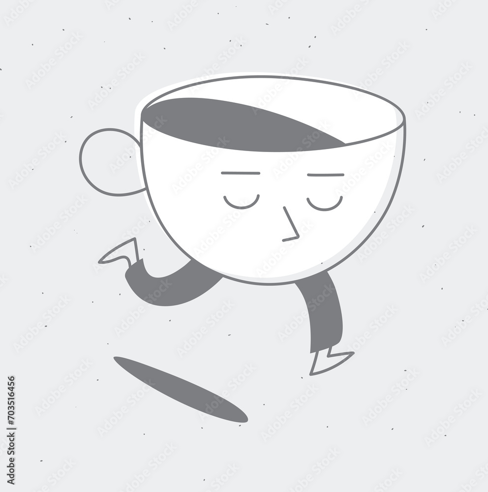 Running sleepy cup of coffee drawing in cartoon flat line style on grey background