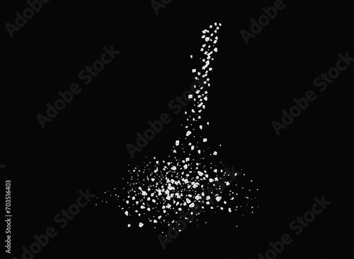 Flying sugar or salt. A scattering of crystals of sugar or salt. Realistic vector illustration isolated on black background.