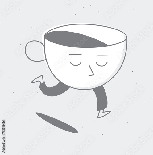Obraz na płótnie Running sleepy cup of coffee drawing in cartoon flat line style on grey background w salonie