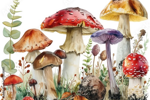Mushrooms different varieties watercolor. Generative AI.