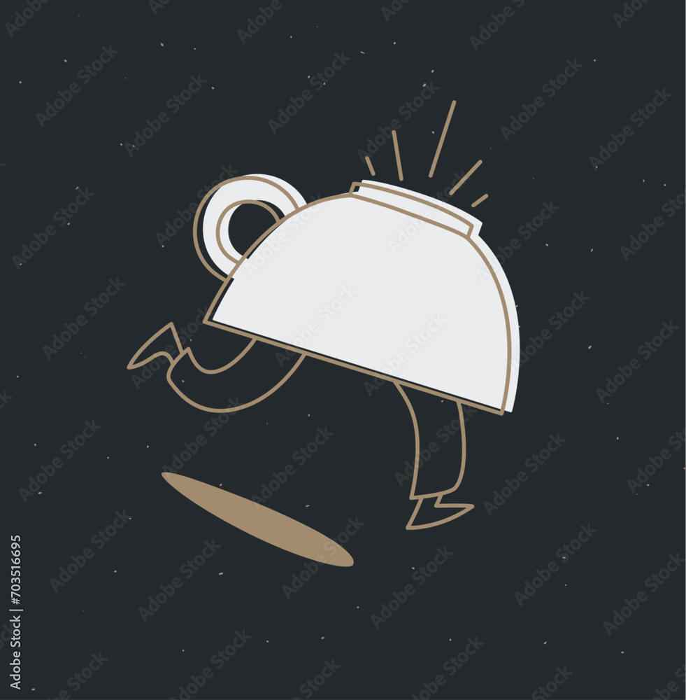 Running inverted cup of coffee drawing in cartoon flat line style on black background