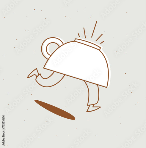 Running inverted cup of coffee drawing in cartoon flat line style on beige background