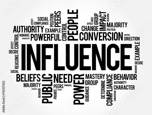 Influence - the capacity to have an effect on the character, development, or behaviour of someone, word cloud concept background