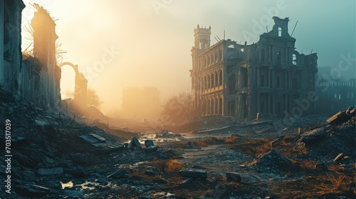 A black shabby city full of building ruins and smog. Generative AI.