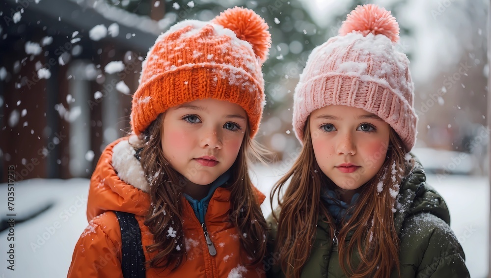 couple in winter park , snow and a girl in a knitted hat. couple in winter park , snow and a girl in a knitted hat.