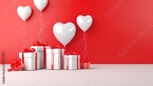 Happy Valentine's Day, love or birthday celebration, festive background, banner illustration, greeting card - red and white balloons and gift boxes © екатерина лагунова