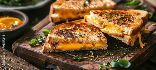 Panel kuchenny z motywem Breakfast with fresh grilled cheese vegetarian sandwich with melted cheddar cheese and vegetables