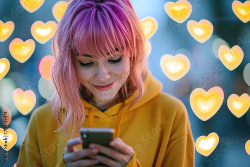 Joyful young woman with pink hair, happily typing on a smartphone in an urban setting.