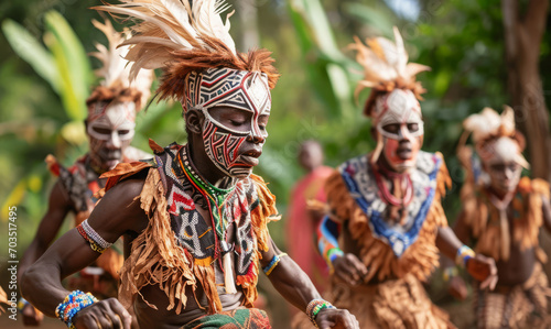 Native tribal indigenous African people dancing in masks and costumes with painted faces