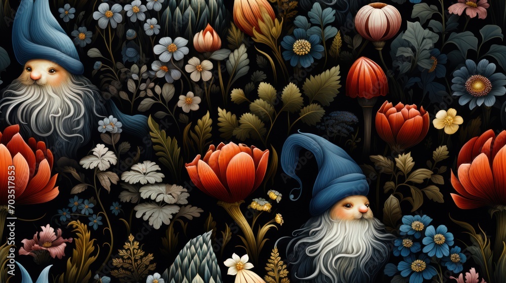 Naklejka premium Garden gnome, 3d, neotraditional illustration, repeating pattern, seamless pattern