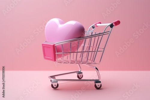 Shopping cart, trolley with hearts on pink background. Sales at Valentine's Day. Generative AI