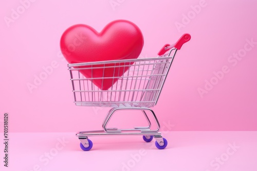 Shopping cart, trolley with hearts on pink background. Sales at Valentine's Day. Generative AI