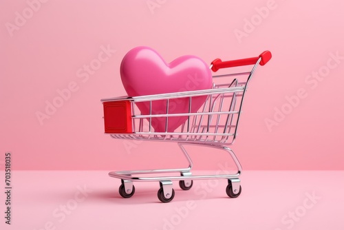 Shopping cart, trolley with hearts on pink background. Sales at Valentine's Day. Generative AI