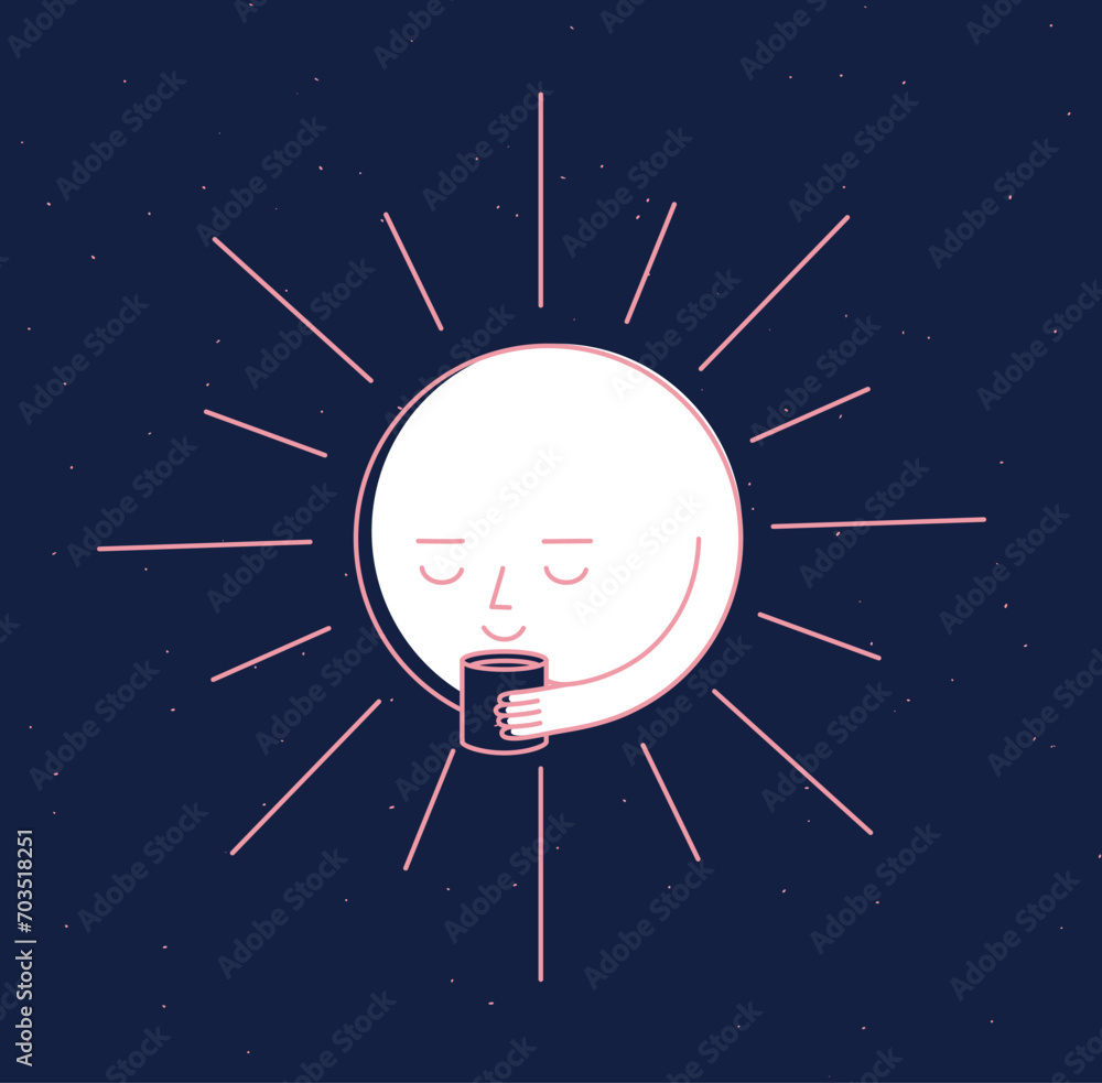 Morning sleeping sun holding cup of tea drawing in cartoon flat line style on blue background