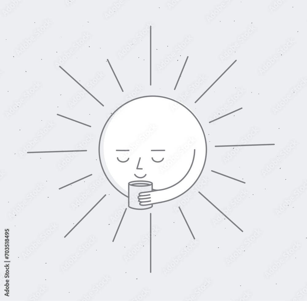 Morning sleeping sun holding cup of tea drawing in cartoon flat line style on grey background