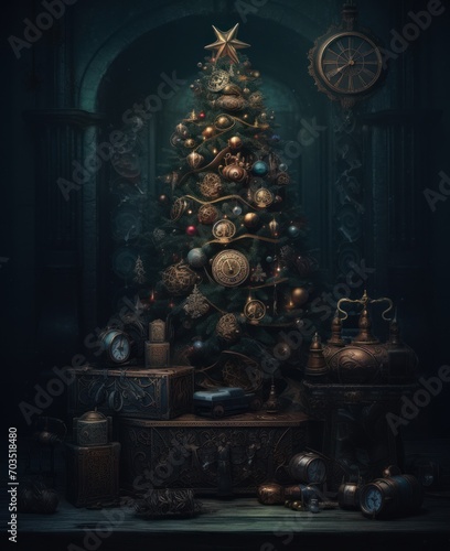 Steampunk style christmas tree, set in a steampunk style frame, 3d, neotraditional illustration photo