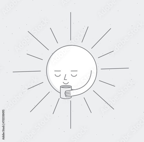 Obraz na płótnie Morning sleeping sun holding cup of tea drawing in cartoon flat line style on grey background w salonie