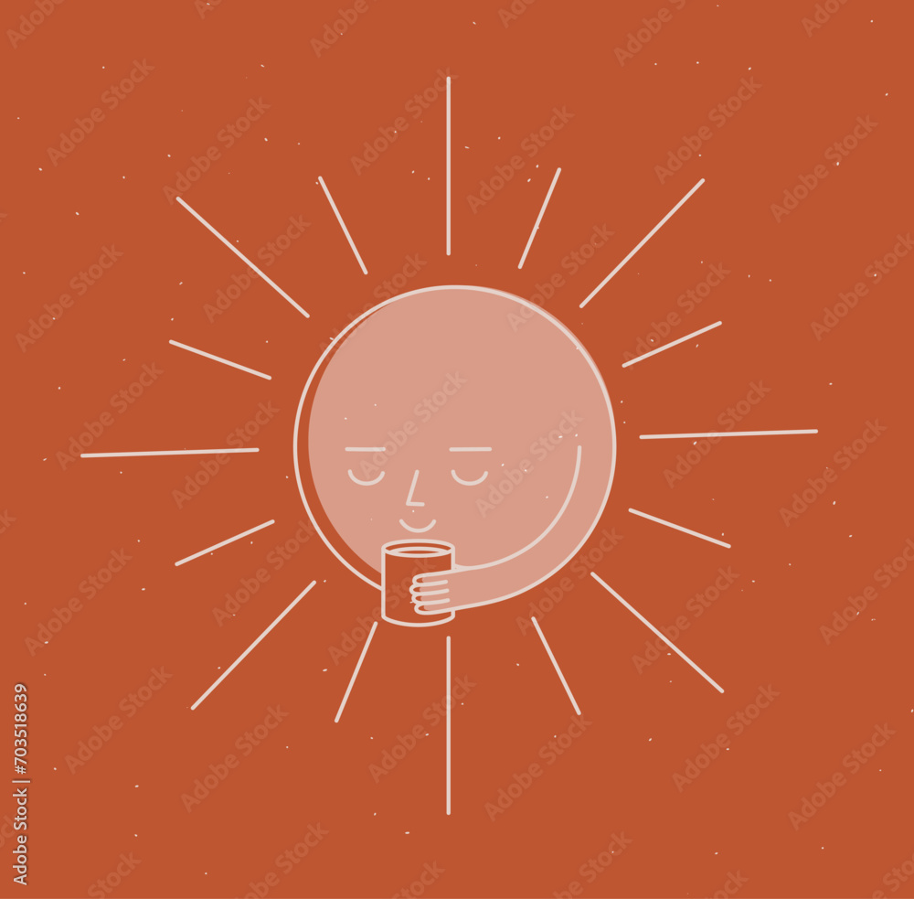 Morning sleeping sun holding cup of tea drawing in cartoon flat line style on mustard background