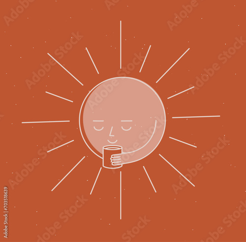 Obraz na płótnie Morning sleeping sun holding cup of tea drawing in cartoon flat line style on mustard background w salonie