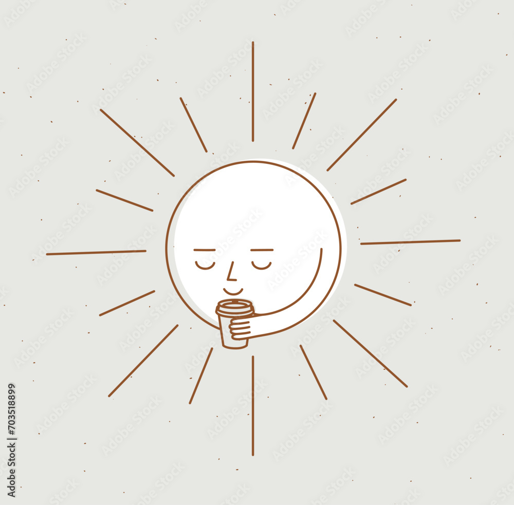 Morning sleeping son holding take away coffee cup drawing in cartoon flat line style on beige background