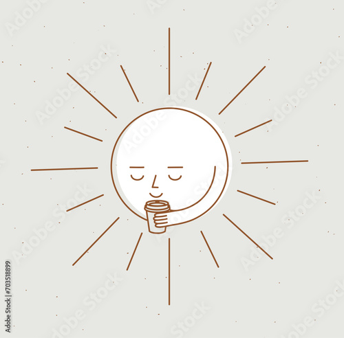 Obraz na płótnie Morning sleeping son holding take away coffee cup drawing in cartoon flat line style on beige background w salonie