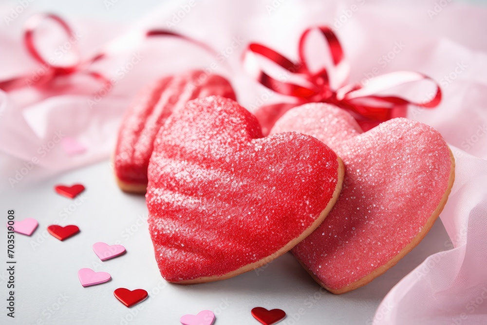 Closeup pink background lot cookies shape hearts. Generative AI Closeup pink background lot cookies shape hearts. Generative AI