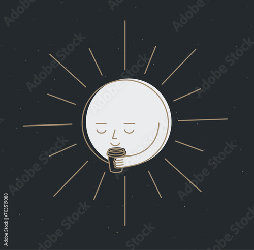 Obraz na płótnie Morning sleeping son holding take away coffee cup drawing in cartoon flat line style on black background w salonie