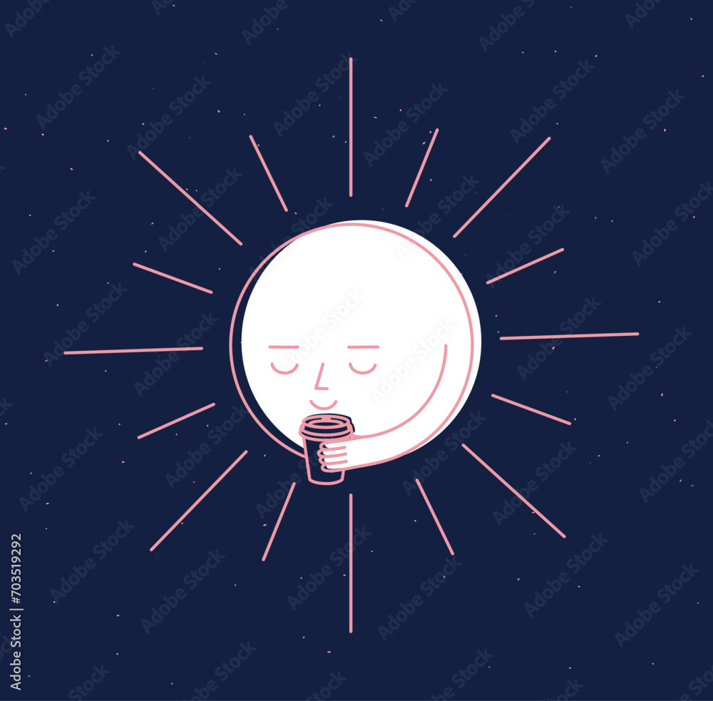 Morning sleeping son holding take away coffee cup drawing in cartoon flat line style on blue background