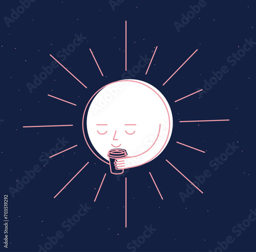 Morning sleeping son holding take away coffee cup drawing in cartoon flat line style on blue background