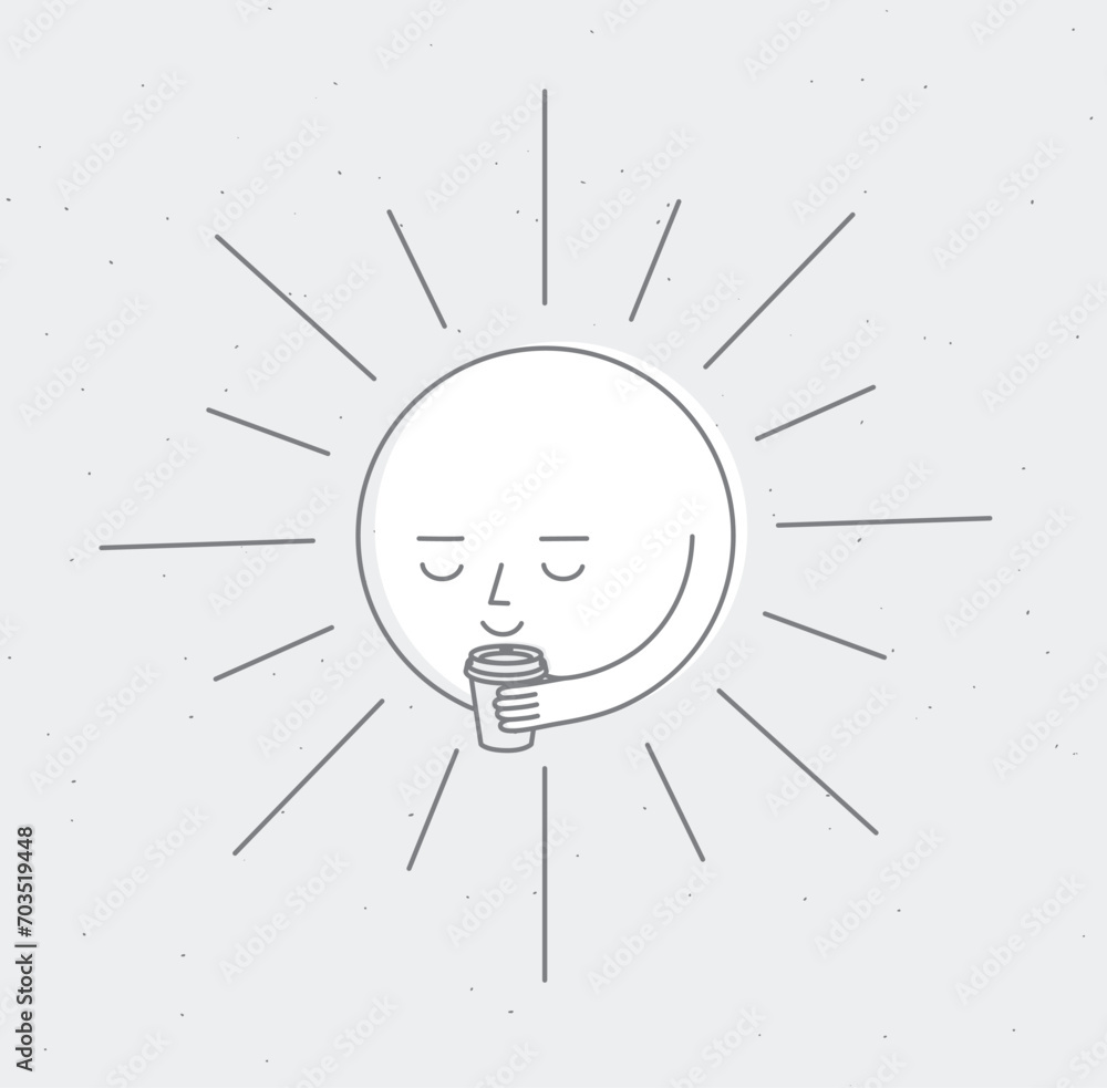 Morning sleeping son holding take away coffee cup drawing in cartoon flat line style on grey background