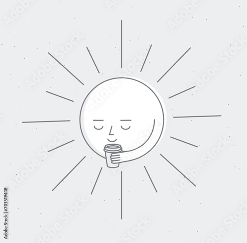 Obraz na płótnie Morning sleeping son holding take away coffee cup drawing in cartoon flat line style on grey background w salonie