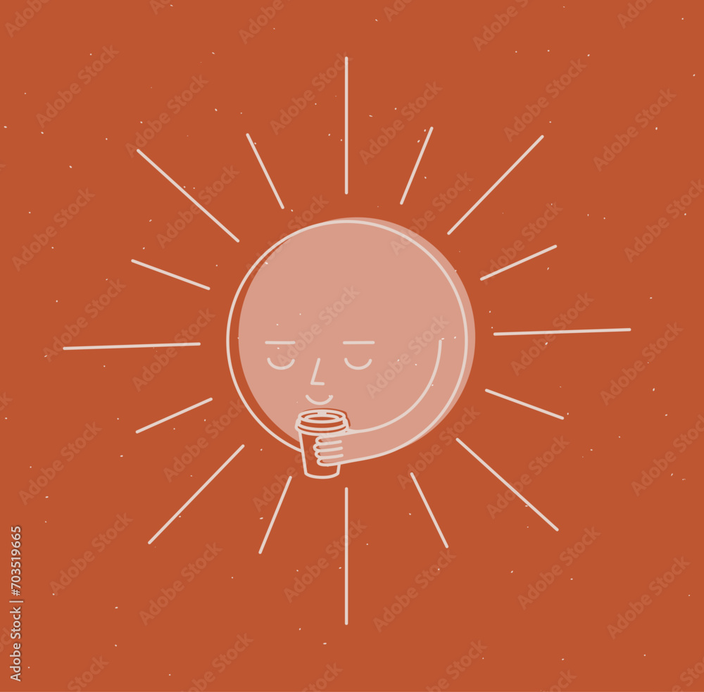 Morning sleeping son holding take away coffee cup drawing in cartoon flat line style on mustard background