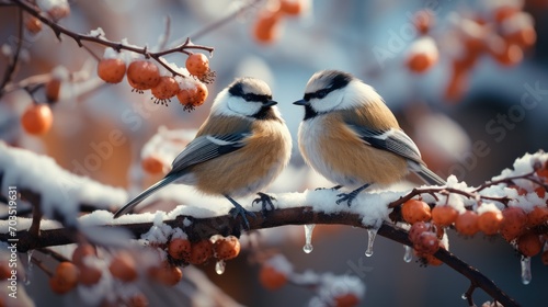 two chickadees perched on tree branches in winter © Tetyana