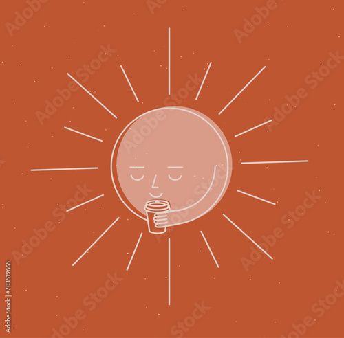 Obraz na płótnie Morning sleeping son holding take away coffee cup drawing in cartoon flat line style on mustard background w salonie