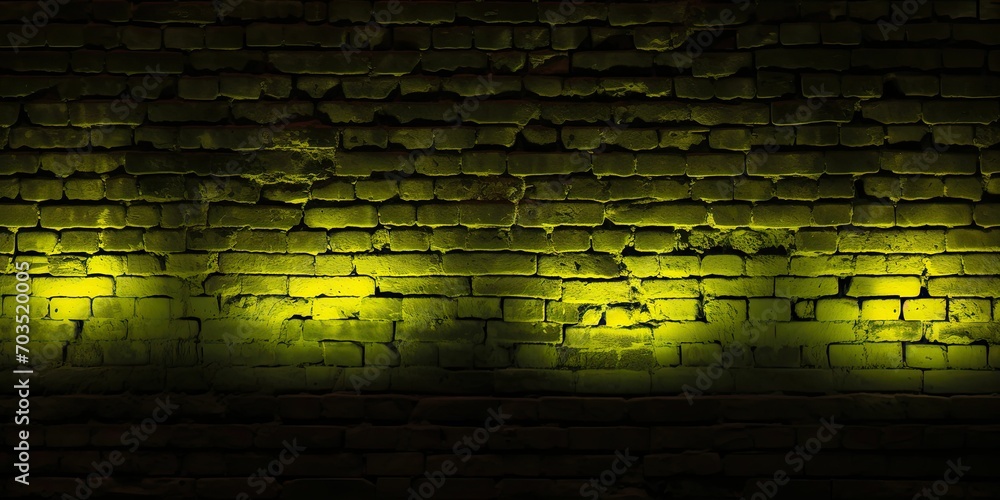 A brick wall illuminated from below with neon yellow light