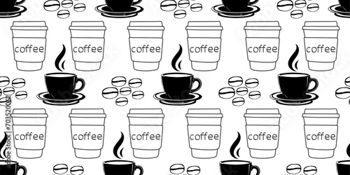 Stylish coffee pattern made from beans, coffee cups and plastic cups. Pattern for print, seamless surfaces, coffee shop.