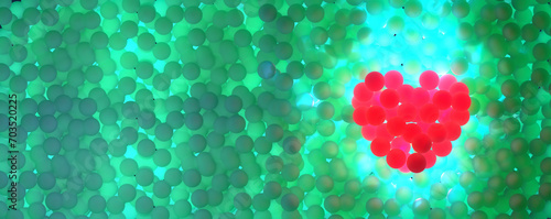 Heart made up of small shiny red spheres on green spheres background