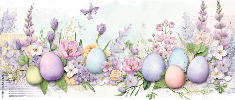 Pastel Easter Eggs and Blooming Flowers