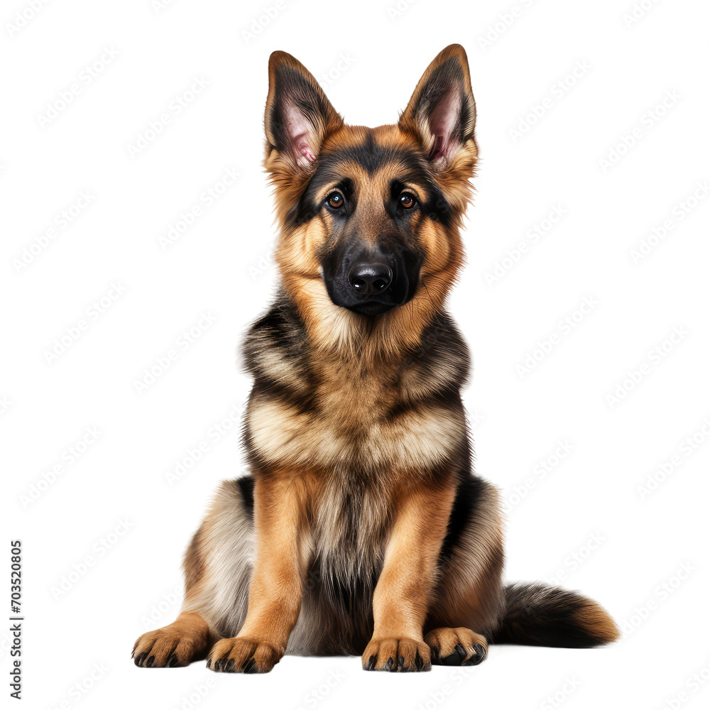 A cute german shepherd with brown and black fur sitting, isolated on white transparent background