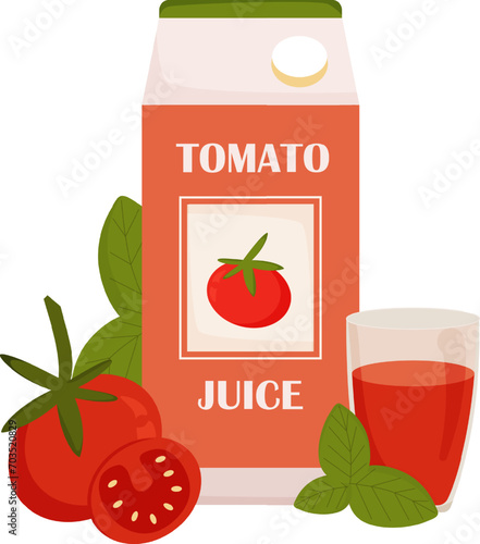 Pack of tomato juice with tomato, glass of juice and lbasil eaves. Natural orange juice in a glass. Healthy organic food. Vector illustration in flat style. White background.