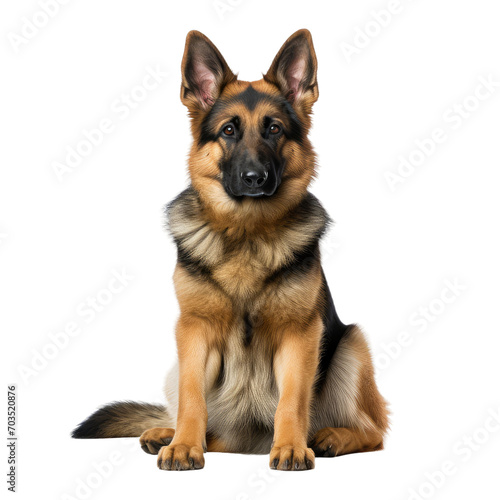A cute german shepherd with brown and black fur sitting  isolated on white transparent background