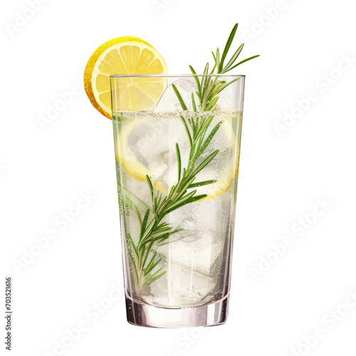 A gin and tonic in a long drink glass with ice, lemon and rosemary, isolated on a transparent background photo