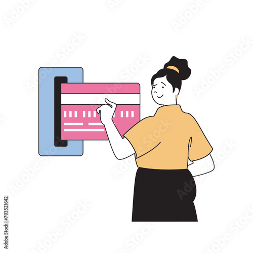 Shopping concept with cartoon people in flat design for web. Woman making purchases, ordering goods and paying with credit card. Vector illustration for social media banner, marketing material.