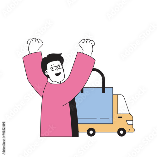 Shopping concept with cartoon people in flat design for web. Man making purchases, ordering online and receiving bags with delivery. Vector illustration for social media banner, marketing material.