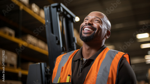Worker wearing an orange high-visibility vest in a warehouse. Parts of a forklift truck can be seen in the background. worker in warehouse