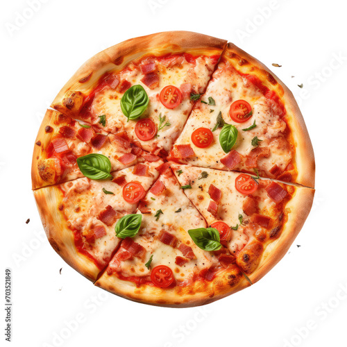 A round Italian pizza photographed from above, isolatedd a transparent background