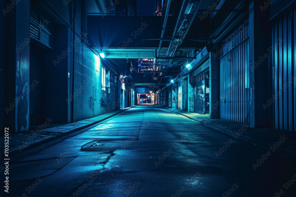 A dark empty street, dark blue background, an empty dark scene, neon light, spotlights.