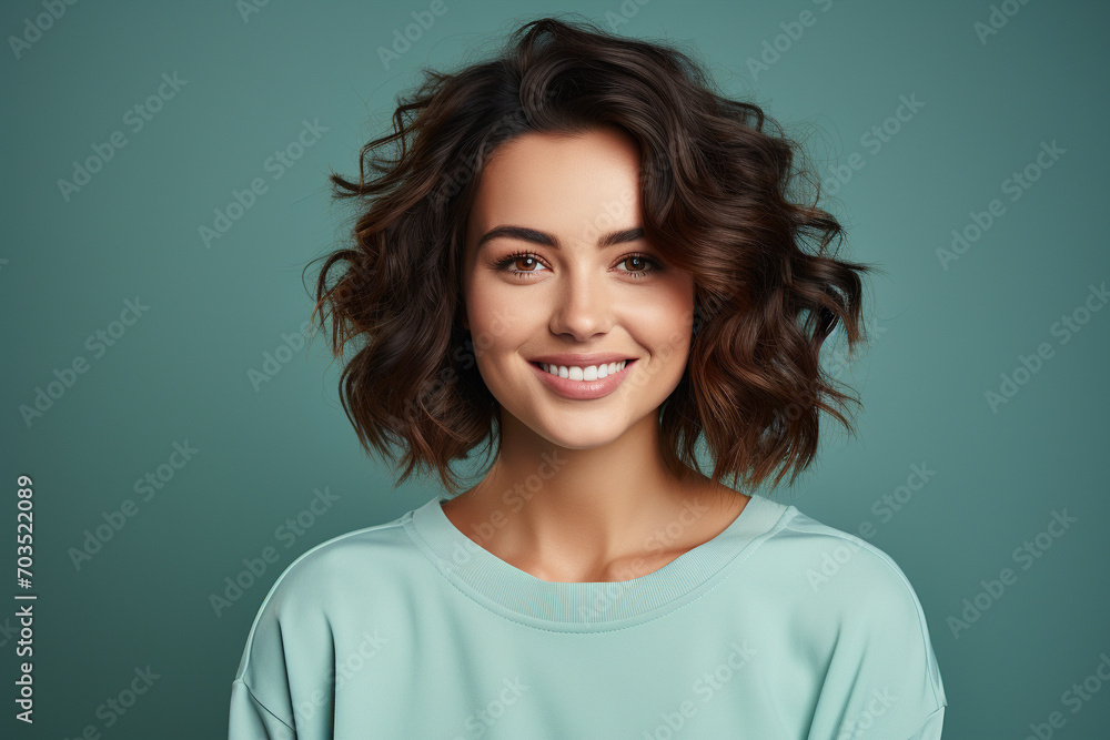 Cheerful woman with short wavy brown hair smiling on a blue background. Generative AI. Cheerful woman with short wavy brown hair smiling on a blue background. Generative AI.