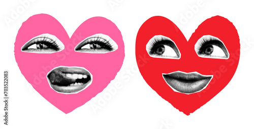 Valentines day halftone collage elements set. Cut out of magazine shapes, red and pink hearts with female eyes and mouths, lips. Modern retro grunge punk vector illustration
