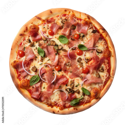 A round Italian pizza photographed from above, isolatedd a transparent background